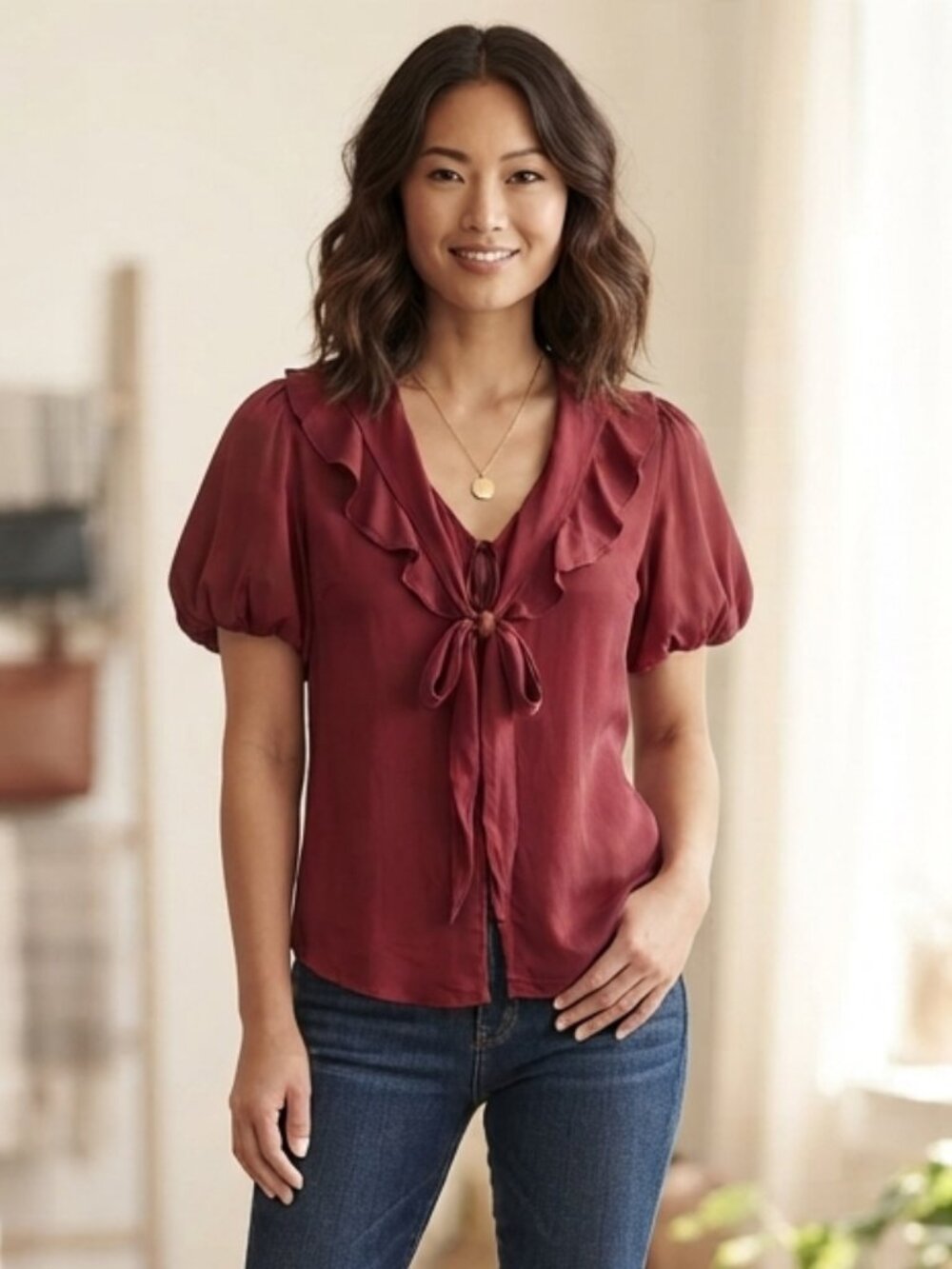 Banana Republic Dark Pink / Burgundy Ruffled Tie-Neck Blouse, Medium